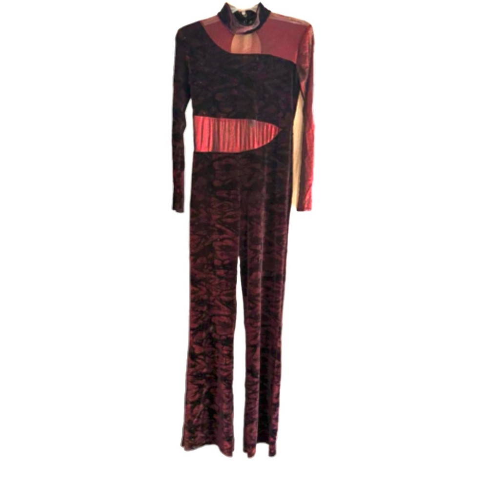 Red/Black Print Crushed Velvet‎ Jumpsuit with Long Sleeves & High Neckline